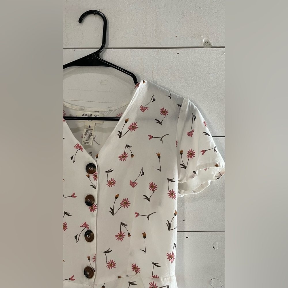 White Floral Button Top